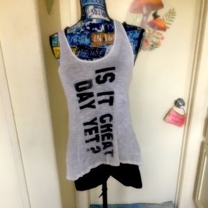 🚨5/$20 “Is It Cheat Day Yet?” Hi-low racer back shirt